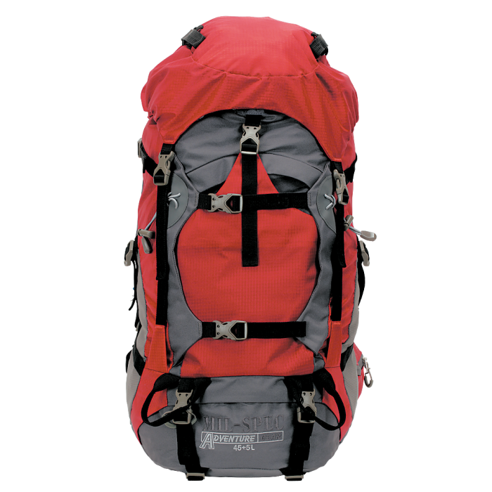 A red and gray backpack is shown on the ground.