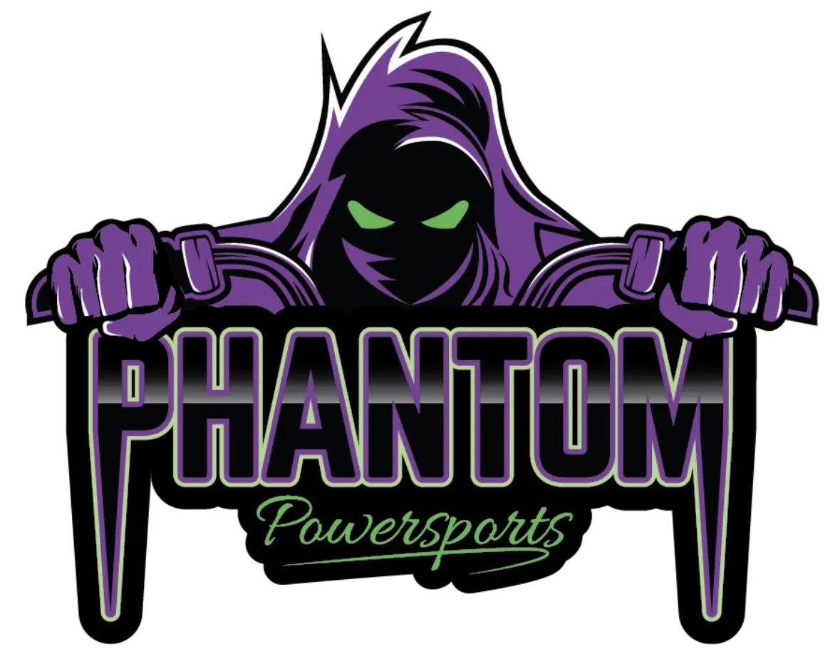 A purple and black logo of phantom powersports.