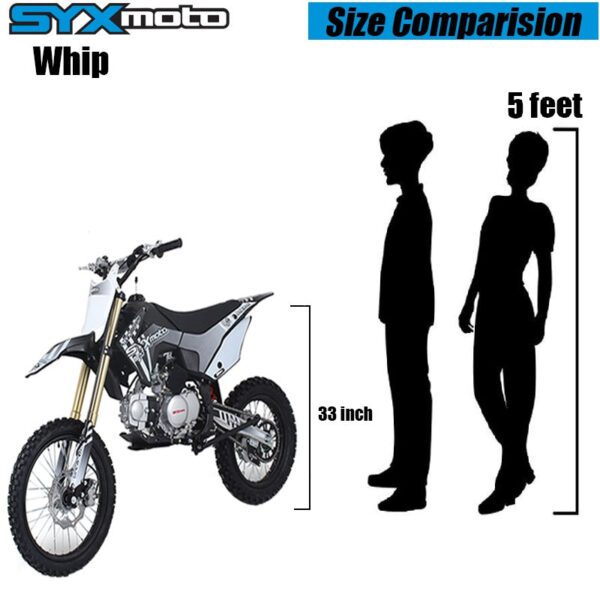 Size comparison shown for the SYX Moto125cc Dirt Bike