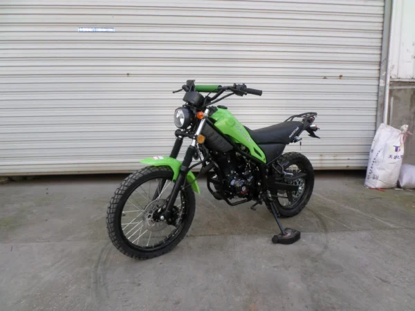 A green motorcycle parked in front of a garage door.