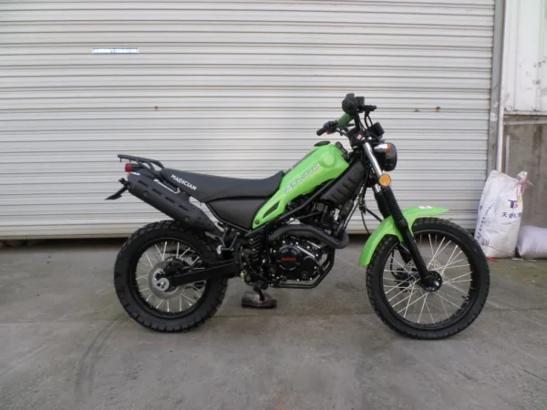 A green motorcycle parked in front of a garage.