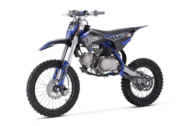 A dirt bike is shown with the wheels off.