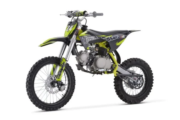 A dirt bike is shown with the wheels off.