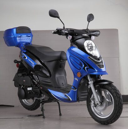 A blue scooter parked in a garage.