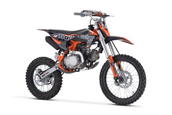 A dirt bike is shown with the seat on.