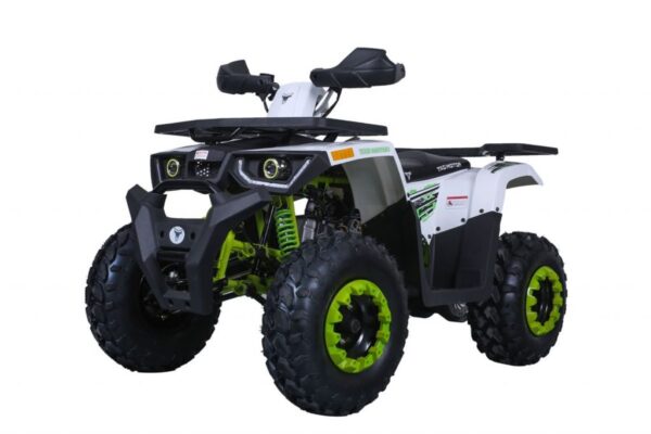 A white and green atv with black tires.