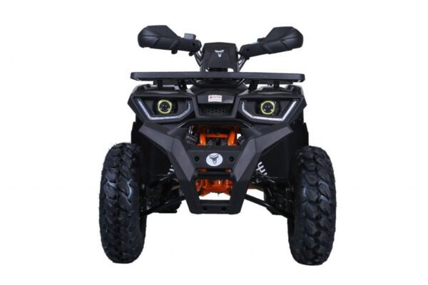 A black atv with orange lights on the front.