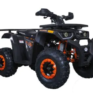 A black and orange atv with an extended rack.