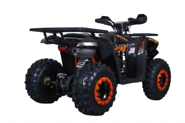 A black and orange atv with a rack on the back.