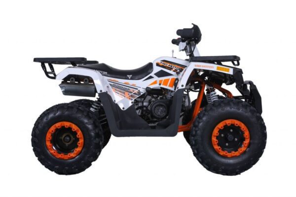 A white and orange atv is parked on the ground.