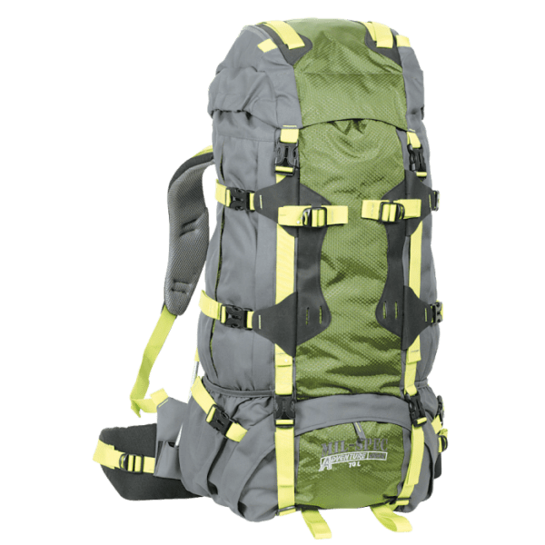 A backpack is shown with yellow straps.