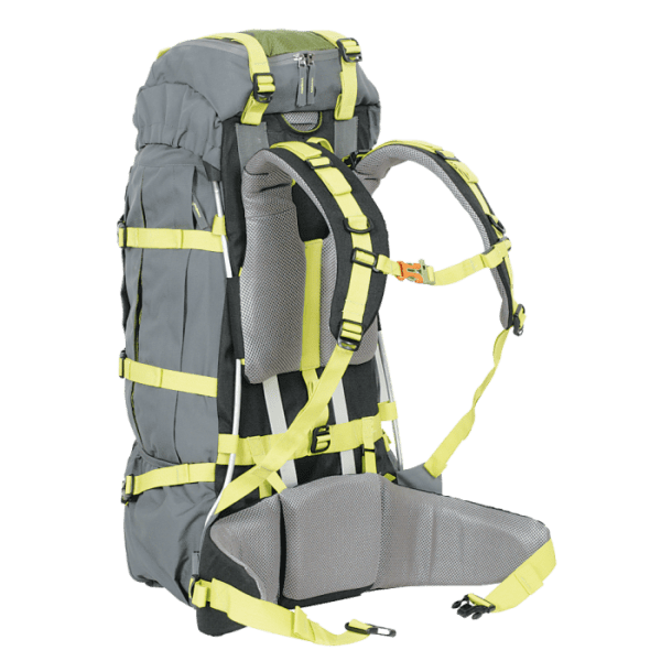 A backpack with yellow straps and a gray back.