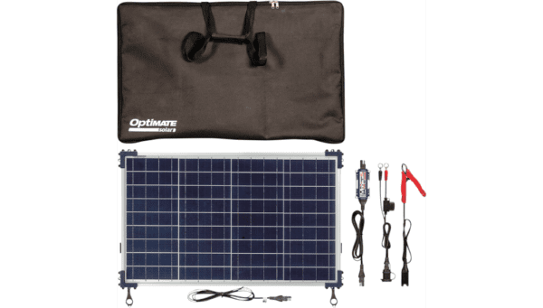 A solar panel and charger kit with the bag.