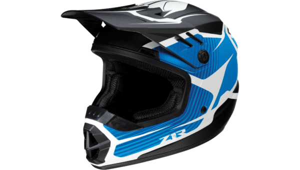 A blue and black helmet with white accents.