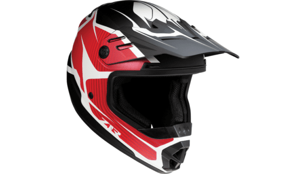 A red and black helmet with white accents.