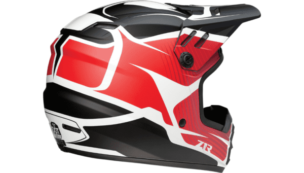 A red and black helmet with white accents.