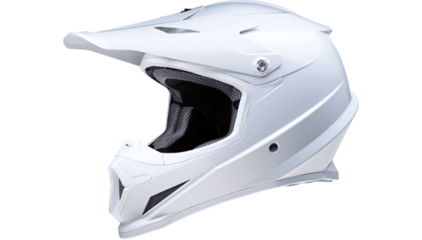 A white motorcycle helmet is shown with the lid open.