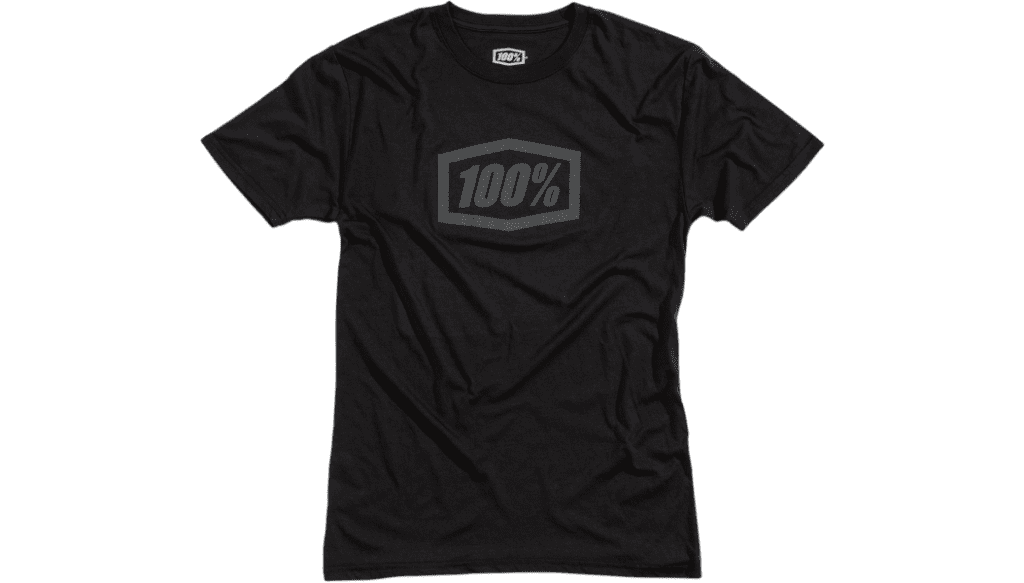 A black t-shirt with an 1 0 0 % logo on it.