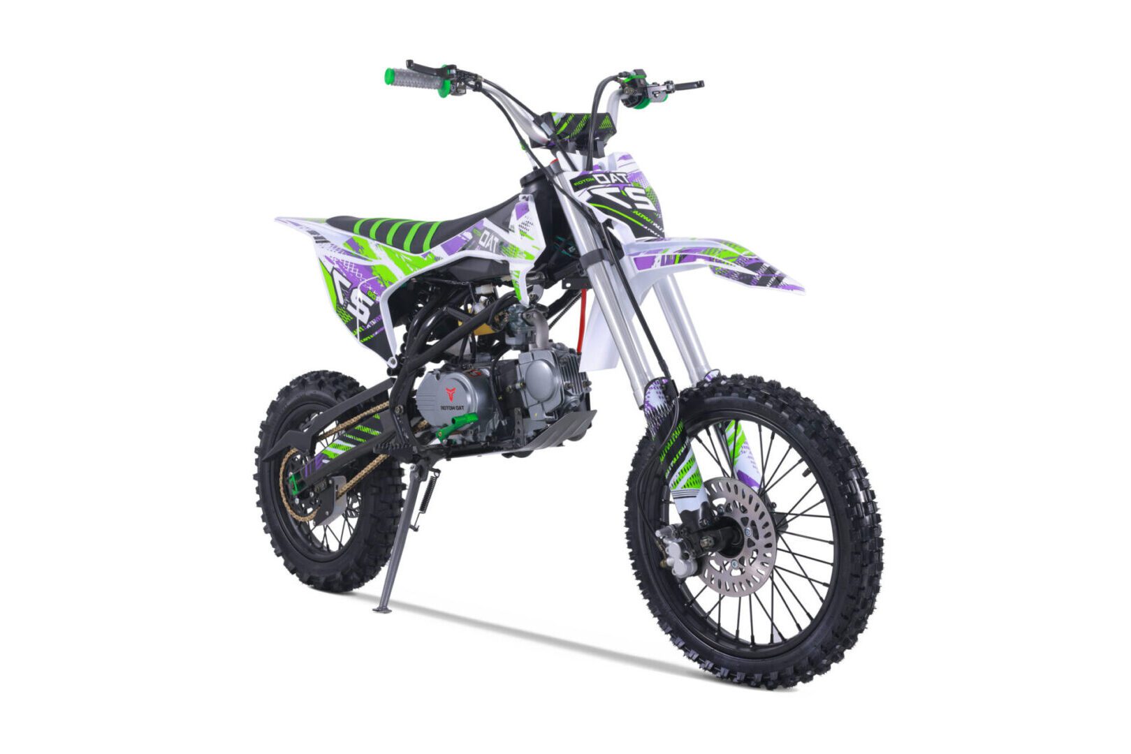 A dirt bike is shown with purple and green paint.