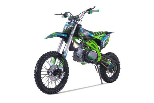 A dirt bike is shown with the seat up.