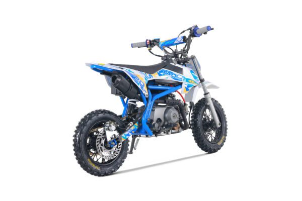 A blue and white dirt bike is parked on the ground