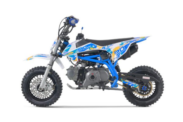 A blue and yellow dirt bike is parked on the ground.