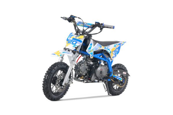 A blue and yellow dirt bike is parked on the ground.