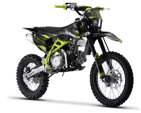 A dirt bike with neon green accents on it.