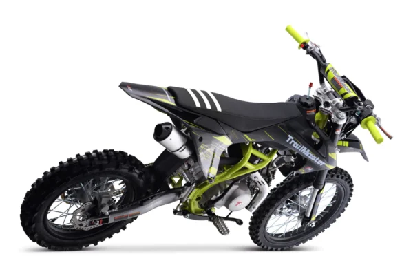 A dirt bike is shown with the seat up.