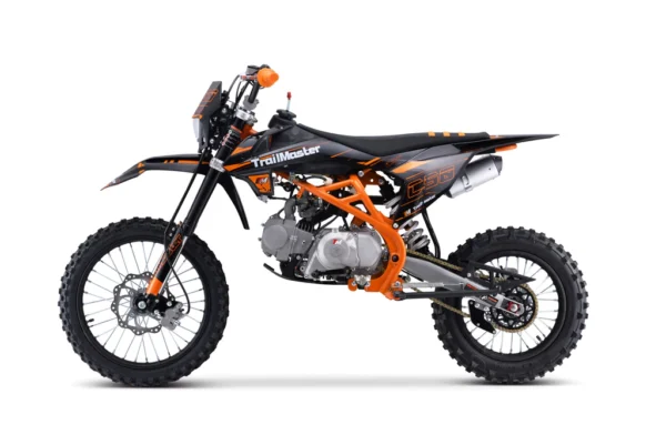 A dirt bike is shown with orange accents.