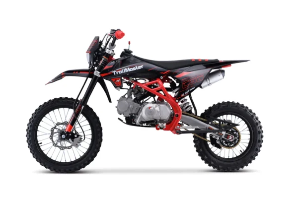 A dirt bike is shown with red accents.