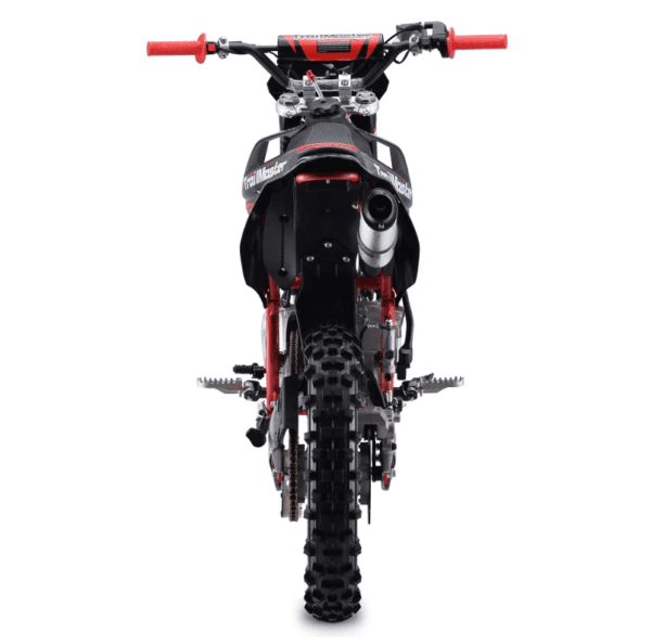 A red and black dirt bike is shown from the front.