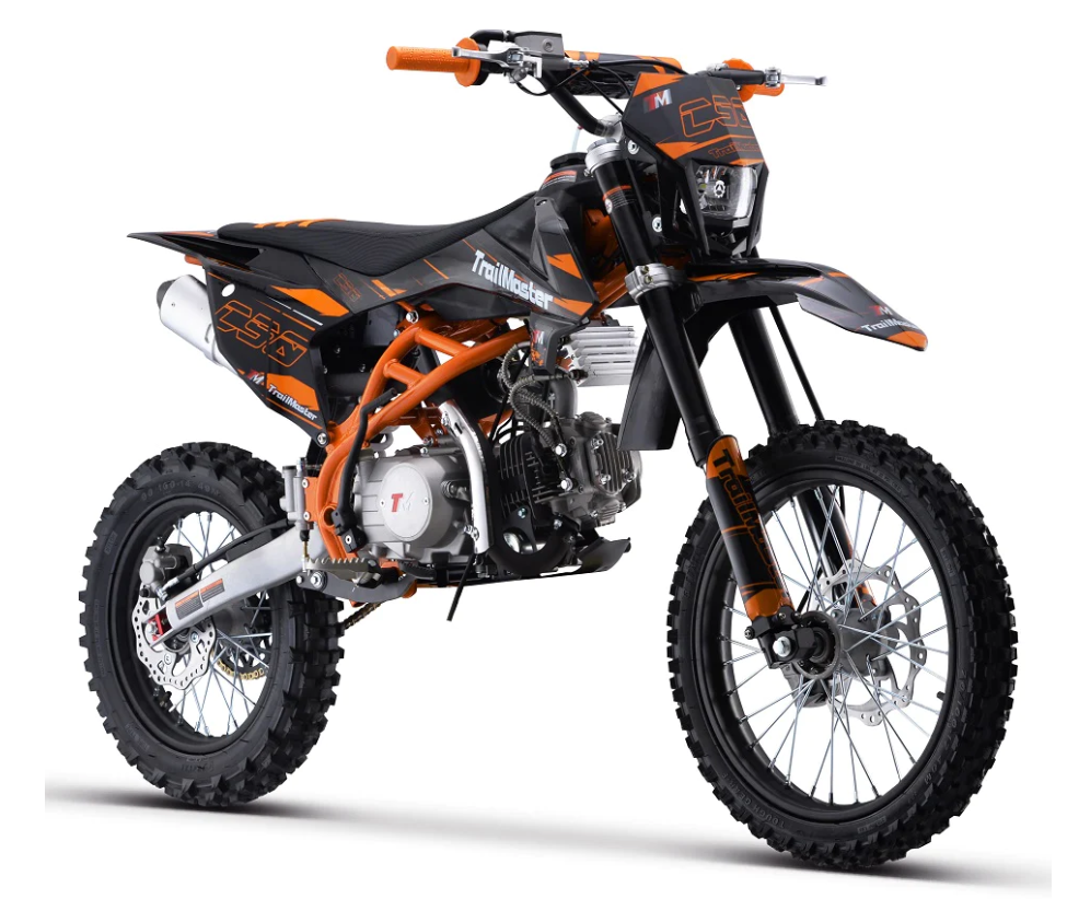 A dirt bike is shown with orange accents.