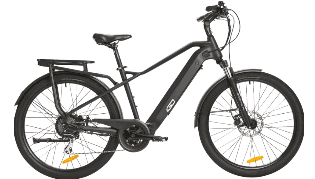 A black electric bike with a basket on the back.
