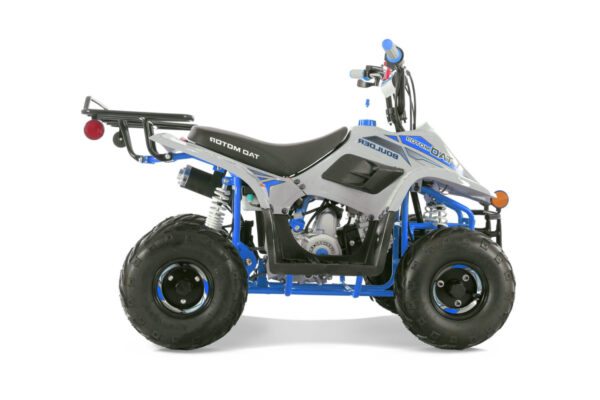 A blue and silver atv is parked on the ground