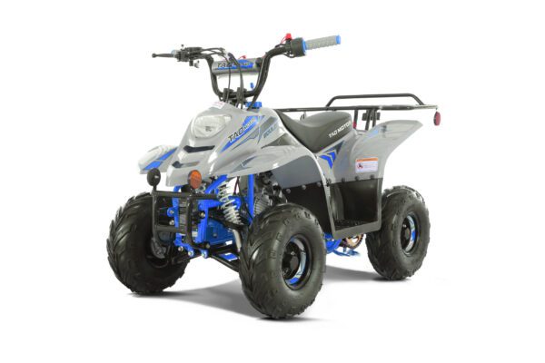 A blue and silver atv is parked in the sun.