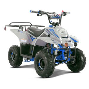 A white and blue atv is parked on the ground