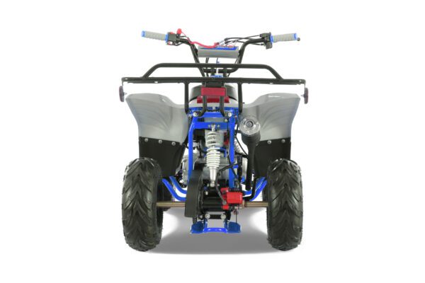 A blue and white four wheeler with a red handle bar.