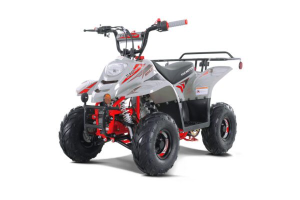 A white and red atv is shown with the handlebars extended.