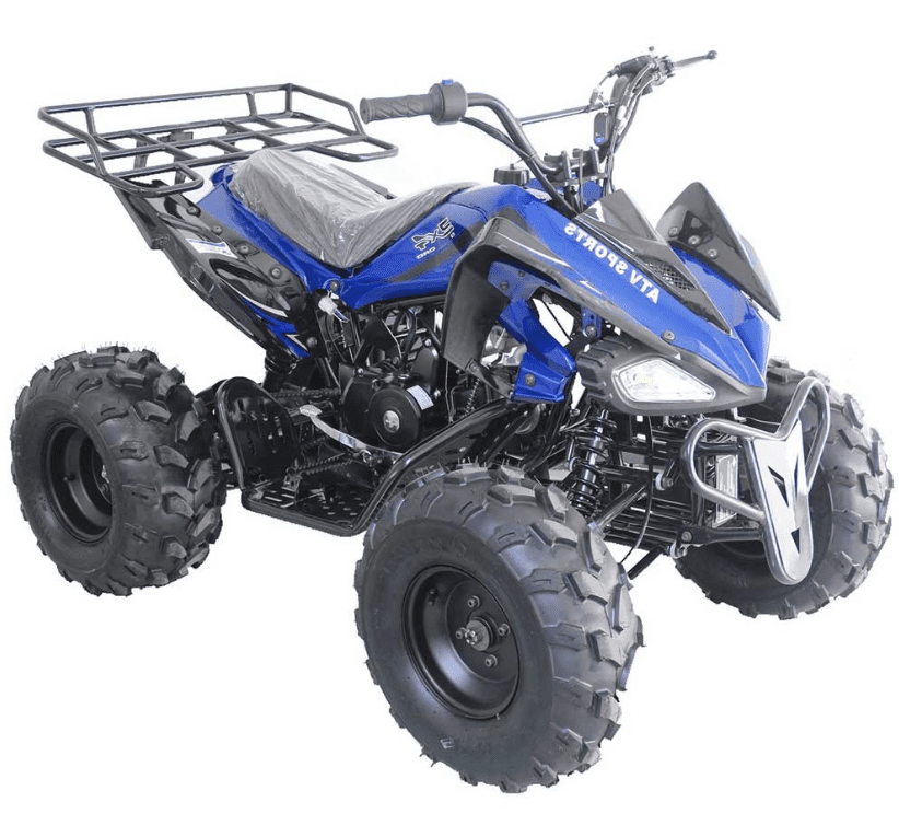 A blue and black atv with a rack on the back.
