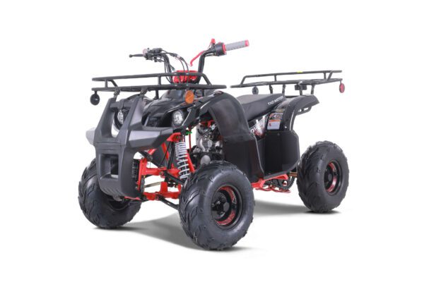 A red and black atv with a rack on the back.