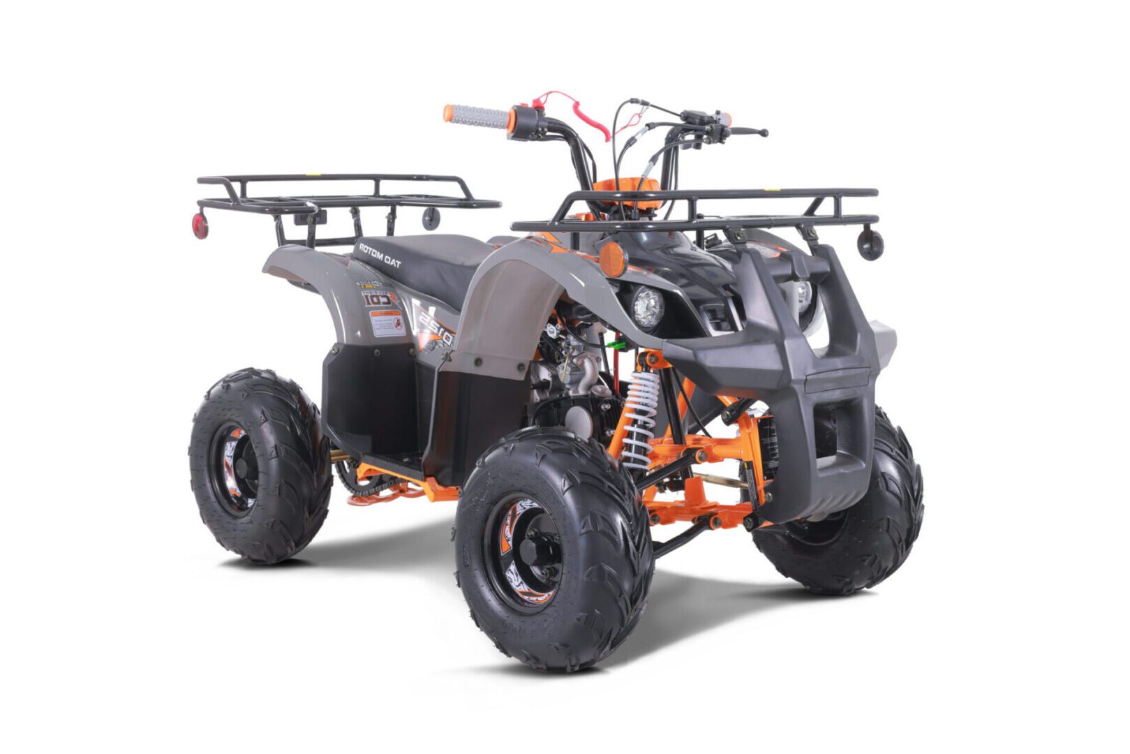 A picture of an atv with the front and rear racks.