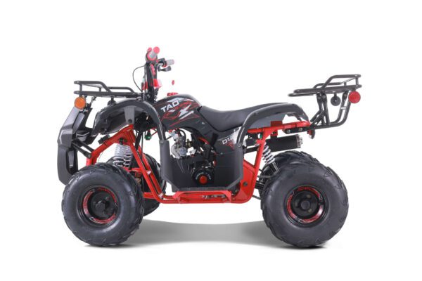 A red and black atv with a back rack.