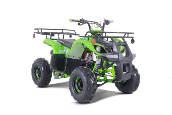 A green atv with a black frame and wheels.