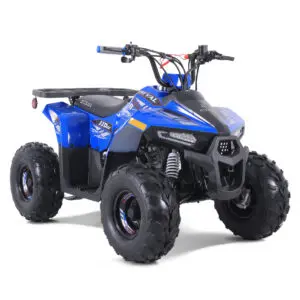 A blue atv is parked on the ground.