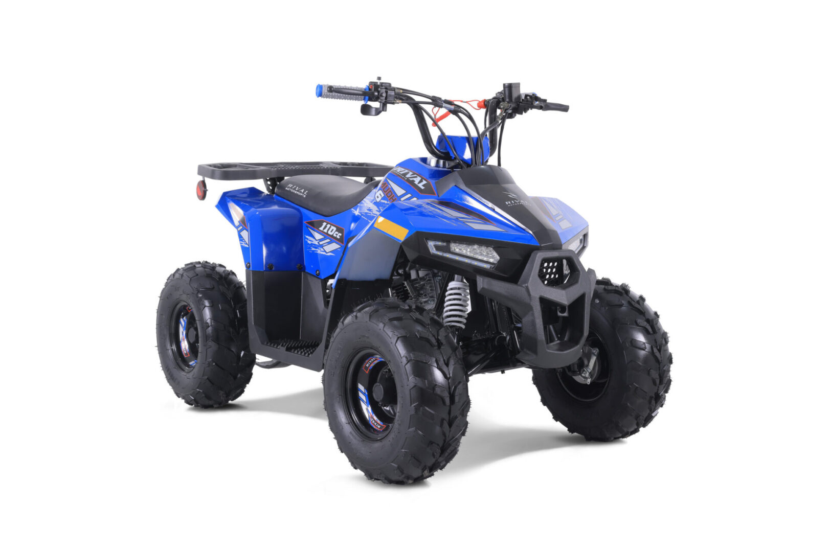 A blue atv is parked on the ground.