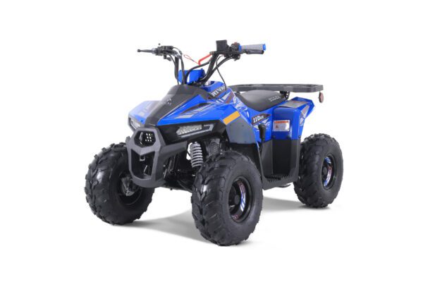 A blue atv is parked on the ground