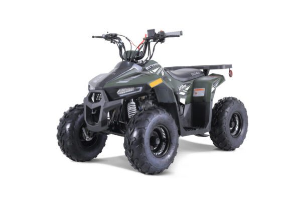 A green atv with two handlebars and a black seat.