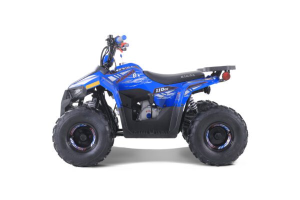 A blue atv is parked on the ground.