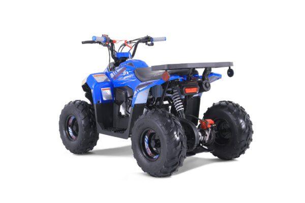 A blue atv with a black seat and red wheels.